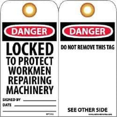 NMC - 3" High x 6" Long, DANGER - LOCKED TO PROJECT WORKMEN REPAIRING MACHINERY, English Safety & Facility Lockout Tag - Tag Header: Danger, 2 Sides, Black, Red & White Unrippable Vinyl - Eagle Tool & Supply