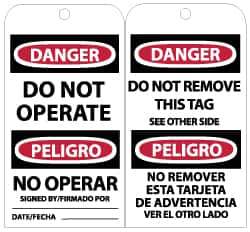 NMC - 3" High x 6" Long, DANGER - DO NOT OPERATE, English Safety & Facility Lockout Tag - Tag Header: Danger, 2 Sides, Black, Red & White Unrippable Vinyl - Eagle Tool & Supply
