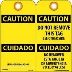 NMC - 3" High x 6" Long, CAUTION - SIGNED BY, English Safety & Facility Lockout Tag - Tag Header: CAUTION, 2 Sides, Black & Yellow Unrippable Vinyl - Eagle Tool & Supply