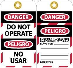 NMC - 3" High x 6" Long, DANGER - DO NOT OPERATE, Safety & Facility Lockout Tag - Tag Header: Danger, 2 Sides, Black, Red & White Unrippable Vinyl - Eagle Tool & Supply
