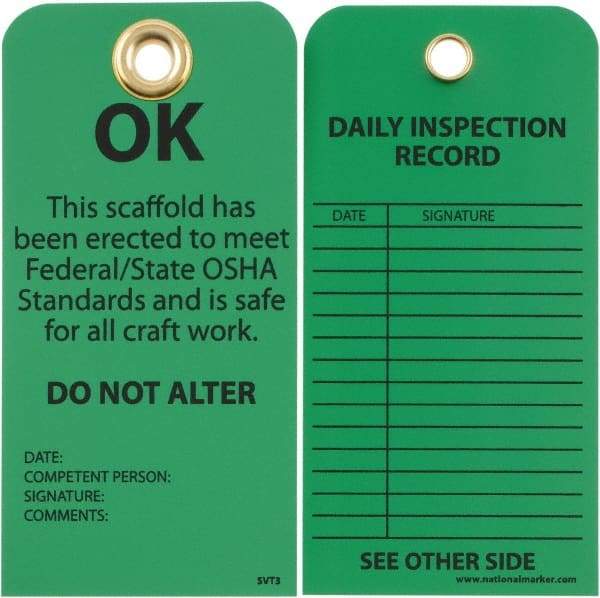 NMC - 3" High x 6" Long, OK - DO NOT ALTER, English Safety & Facility Inspection Tag - Tag Header: Notice, 2 Sides, Black & Green Unrippable Vinyl - Eagle Tool & Supply