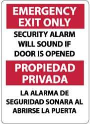 NMC - Emergency Exit Only - Security Alarm Will Sound If Door Is Opened, Plastic Exit Sign - 10" Wide x 14" High, English/Spanish - Eagle Tool & Supply
