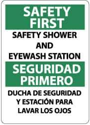 NMC - "Safety First- Safety Showers and Eyewash Station", 14" Long x 10" Wide, Pressure-Sensitive Vinyl Safety Sign - Rectangle, 0.004" Thick, Use for First Aid - Eagle Tool & Supply