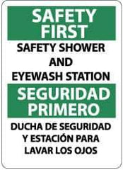 NMC - "Safety First- Safety Showers and Eyewash Station", 14" Long x 10" Wide, Pressure-Sensitive Vinyl Safety Sign - Rectangle, 0.004" Thick, Use for First Aid - Eagle Tool & Supply