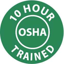 NMC - 10 Hour OSHA Trained, Hard Hat Label - White on Green, 2" Thick, For Accident Prevention - Eagle Tool & Supply