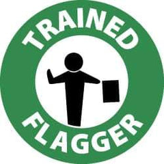 NMC - Trained Flagger, Hard Hat Label - White & Black on Green, 2" Thick, For Accident Prevention - Eagle Tool & Supply