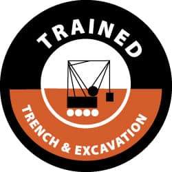 NMC - Trained Trench & Excavation, Hard Hat Label - White & Red on Black, 2" Thick, For Accident Prevention - Eagle Tool & Supply
