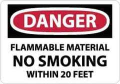 NMC - "Danger - Flammable Material - No Smoking Within 20 Feet", 7" Long x 10" Wide, Aluminum Safety Sign - Rectangle, 0.04" Thick, Use for Accident Prevention - Eagle Tool & Supply