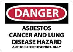 NMC - "Danger - Asbestos Cancer and Lung Disease Hazard - Authorized Personnel Only", 10" Long x 14" Wide, Pressure-Sensitive Vinyl Safety Sign - Rectangle, 0.004" Thick, Use for Hazardous Materials - Eagle Tool & Supply