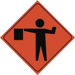 NMC - "Flagger", "Worker w/Directional Flag", 48" Wide x 48" High, Nylon Construction Roadway Signs - Black on Orange, Engineer Grade Reflectivity, Diamond, Sign Stand Mount - Eagle Tool & Supply
