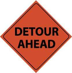 NMC - "Detour Ahead", 48" Wide x 48" High, Nylon Construction Roadway Signs - Black on Orange, Engineer Grade Reflectivity, Diamond, Sign Stand Mount - Eagle Tool & Supply