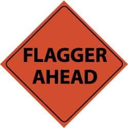 NMC - "Flagger Ahead", 48" Wide x 48" High, Nylon Construction Roadway Signs - Black on Orange, Engineer Grade Reflectivity, Diamond, Sign Stand Mount - Eagle Tool & Supply