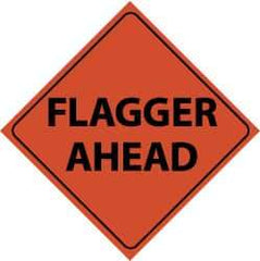 NMC - "Flagger Ahead", 48" Wide x 48" High, Nylon Construction Roadway Signs - Black on Orange, Engineer Grade Reflectivity, Diamond, Sign Stand Mount - Eagle Tool & Supply