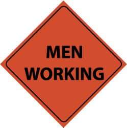 NMC - "Men Working", 48" Wide x 48" High, Nylon Construction Roadway Signs - Black on Orange, Engineer Grade Reflectivity, Diamond, Sign Stand Mount - Eagle Tool & Supply