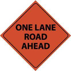NMC - "One Lane Road Ahead", 48" Wide x 48" High, Nylon Construction Roadway Signs - Black on Orange, Engineer Grade Reflectivity, Diamond, Sign Stand Mount - Eagle Tool & Supply