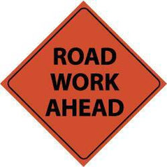 NMC - "Road Work Ahead", 48" Wide x 48" High, Nylon Construction Roadway Signs - Black on Orange, Engineer Grade Reflectivity, Diamond, Sign Stand Mount - Eagle Tool & Supply