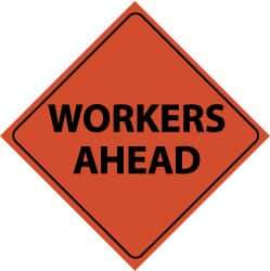 NMC - "Workers Ahead", 48" Wide x 48" High, Nylon Construction Roadway Signs - Black on Orange, Engineer Grade Reflectivity, Diamond, Sign Stand Mount - Eagle Tool & Supply