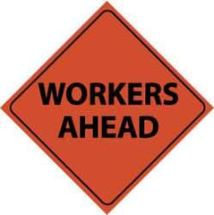 NMC - "Workers Ahead", 48" Wide x 48" High, Nylon Construction Roadway Signs - Black on Orange, Engineer Grade Reflectivity, Diamond, Sign Stand Mount - Eagle Tool & Supply