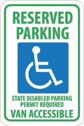 NMC - "Reserved Parking - State Disabled Parking Permit Required - Van Accessible", "Handicapped Symbol", 12" Wide x 18" High, Aluminum ADA Signs - 0.08" Thick, Green & Blue on White, Engineer Grade Reflectivity, Rectangle, Post Mount - Eagle Tool & Supply