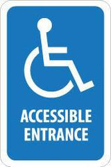 NMC - "Accessible Entrance", "Handicap Symbol", 12" Wide x 6" High, Aluminum ADA Signs - 0.08" Thick, Blue on White, Engineer Grade Reflectivity, Rectangle, Post Mount - Eagle Tool & Supply