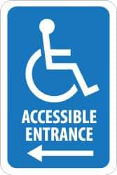 NMC - "Accessible Entrance", "Handicap Symbol w/ Left Arrow", 12" Wide x 6" High, Aluminum ADA Signs - 0.08" Thick, Blue on White, Engineer Grade Reflectivity, Rectangle, Post Mount - Eagle Tool & Supply