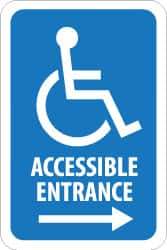 NMC - "Accessible Entrance", "Handicap Symbol w/ Right Arrow", 12" Wide x 6" High, Aluminum ADA Signs - 0.08" Thick, Blue on White, Engineer Grade Reflectivity, Rectangle, Post Mount - Eagle Tool & Supply
