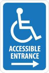 NMC - "Accessible Entrance", "Handicap Symbol w/ Right Arrow", 12" Wide x 6" High, Aluminum ADA Signs - 0.08" Thick, Blue on White, Engineer Grade Reflectivity, Rectangle, Post Mount - Eagle Tool & Supply
