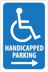 NMC - "Handicapped Parking", "Handicap Symbol w/ Right Arrow", 12" Wide x 18" High, Aluminum ADA Signs - 0.08" Thick, Blue on White, Engineer Grade Reflectivity, Rectangle, Post Mount - Eagle Tool & Supply