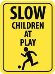 NMC - "Slow - Children at Play", "Child Playing", 18" Wide x 24" High, Aluminum Traffic Control Signs - 0.08" Thick, Black on Yellow, Engineer Grade Reflectivity, Rectangle, Post Mount - Eagle Tool & Supply