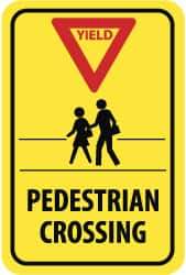 NMC - "Yield - Pedestrian Crossing", "Pedestrians, Red Triangle", 12" Wide x 18" High, Aluminum Pedestrian Crossing Signs - 0.08" Thick, Red & Black on Yellow, High Intensity Reflectivity, Rectangle, Post Mount - Eagle Tool & Supply
