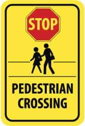 NMC - "Stop - Pedestrian Crossing", "Pedestrians Crossing", 18" Wide x 24" High, Aluminum Pedestrian Crossing Signs - 0.08" Thick, Red & Black on Yellow, Engineer Grade Reflectivity, Rectangle, Post Mount - Eagle Tool & Supply