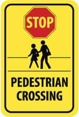 NMC - "Stop - Pedestrian Crossing", "Pedestrians Crossing", 18" Wide x 24" High, Aluminum Pedestrian Crossing Signs - 0.08" Thick, Red & Black on Yellow, Engineer Grade Reflectivity, Rectangle, Post Mount - Eagle Tool & Supply