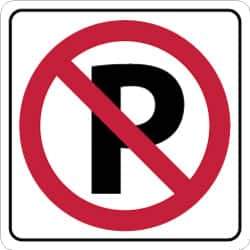 NMC - "Strike on P", 24" Wide x 24" High, Aluminum No Parking & Tow Away Signs - 0.08" Thick, Red & Black on White, High Intensity Reflectivity, Square, Post Mount - Eagle Tool & Supply