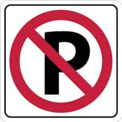 NMC - "Strike on P", 24" Wide x 24" High, Aluminum No Parking & Tow Away Signs - 0.08" Thick, Red & Black on White, Engineer Grade Reflectivity, Square, Post Mount - Eagle Tool & Supply