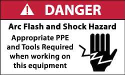 NMC - Accident Prevention Label, Header: DANGER - Legend: Danger - Arc Flash and Shock Hazard - Appropriate Pipe and Tools Required When Working On Equipment, English, Red, Black & White, 5" Long x 3" High, Sign Muscle Finish - Eagle Tool & Supply