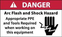 NMC - Accident Prevention Label, Header: DANGER - Legend: Danger - Arc Flash and Shock Hazard - Appropriate Pipe and Tools Required When Working On Equipment, English, Red, Black & White, 5" Long x 3" High, Sign Muscle Finish - Eagle Tool & Supply