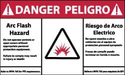 NMC - Accident Prevention Label, Header: DANGER - Legend: Danger - Arc Flash Hazard, English & Spanish, Red, Black & White, 5" Long x 3" High, Sign Muscle Finish - Eagle Tool & Supply