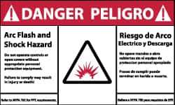 NMC - Accident Prevention Label, Header: DANGER - Legend: Danger - Arc Flash and Shock Hazard, English & Spanish, Red, Black & White, 5" Long x 3" High, Sign Muscle Finish - Eagle Tool & Supply
