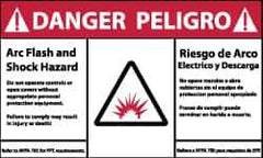 NMC - Accident Prevention Label, Header: DANGER - Legend: Danger - Arc Flash and Shock Hazard, English & Spanish, Red, Black & White, 5" Long x 3" High, Sign Muscle Finish - Eagle Tool & Supply