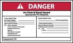 NMC - Accident Prevention Label, Header: DANGER - Legend: Danger - Arc Flash & Shock Hazard - Appropriate Pipe Required - Shows Check List, English, Red, Black & White, 5" Long x 3" High, Sign Muscle Finish - Eagle Tool & Supply