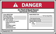 NMC - Accident Prevention Label, Header: DANGER - Legend: Danger - Arc Flash & Shock Hazard - Appropriate Pipe Required - Shows Check List, English, Red, Black & White, 5" Long x 3" High, Sign Muscle Finish - Eagle Tool & Supply