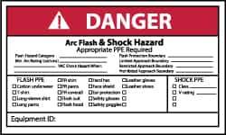 NMC - Accident Prevention Label, Header: DANGER - Legend: Danger - Arc Flash & Shock Hazard - Appropriate Pipe Required, English, Red, Black & White, 5" Long x 3" High, Sign Muscle Finish - Eagle Tool & Supply