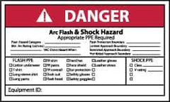 NMC - Accident Prevention Label, Header: DANGER - Legend: Danger - Arc Flash & Shock Hazard - Appropriate Pipe Required, English, Red, Black & White, 5" Long x 3" High, Sign Muscle Finish - Eagle Tool & Supply