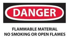 NMC - Accident Prevention Label, Header: DANGER - Legend: Danger - Flammable Material - No Smoking or Open Flames, English, Red, Black & White, 5" Long x 3" High, Sign Muscle Finish - Eagle Tool & Supply