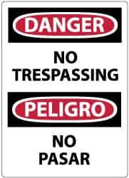 NMC - Security & Admittance Label, Header: DANGER - Legend: Danger - No Trespassing, English & Spanish, Black, Red & White, 3" Long x 5" High, Sign Muscle Finish - Eagle Tool & Supply