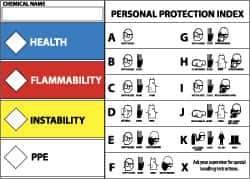 NMC - Hazardous Materials Label - Legend: Health - Flammability - Instability - PPE, English, Blue, Red, Yellow & White, 5" Long x 3" High, Sign Muscle Finish - Eagle Tool & Supply