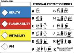NMC - Hazardous Materials Label - Legend: Health - Flammability - Instability - PPE, English, Blue, Red, Yellow & White, 5" Long x 3" High, Sign Muscle Finish - Eagle Tool & Supply