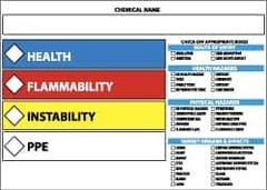NMC - Hazardous Materials Label - Legend: Health - Flammability - Instability - PPE, English, Blue, Red, Yellow & White, 5" Long x 3" High, Sign Muscle Finish - Eagle Tool & Supply