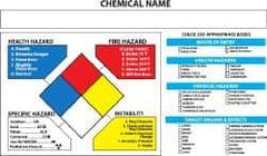NMC - Hazardous Materials Label - Legend: Chemical Name, English, Black, Blue, Red, Yellow & White, 5" Long x 3" High, Sign Muscle Finish - Eagle Tool & Supply