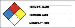 NMC - Hazardous Materials Label - Legend: Chemical Name ___ - Common Name ___ - Manufacturer ___, English, Black, Blue, Red, Yellow & White, 4" Long x 1-1/2" High, Sign Muscle Finish - Eagle Tool & Supply